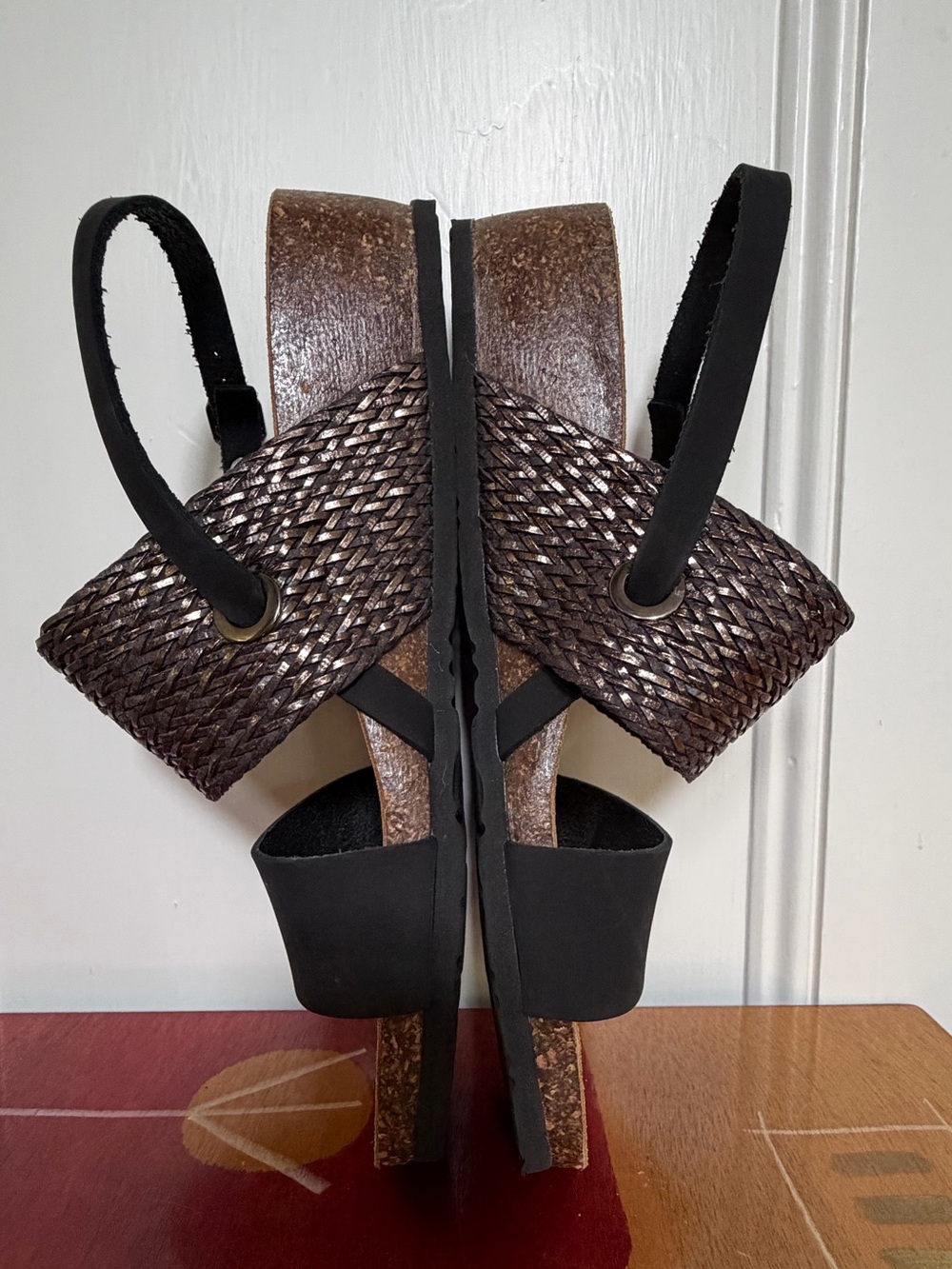 EUC Bos. & Co. Cork Wedge Leather Sandals. Women's Size: 9 (EU 40). - Picture 5 of 11